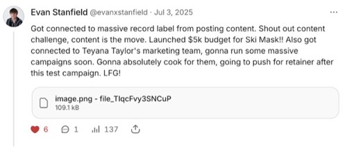 Evan Stanfield - Content connections with major artists