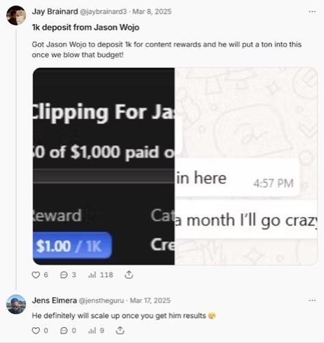 Jay Brainard - $1k deposit from Jason Wojo